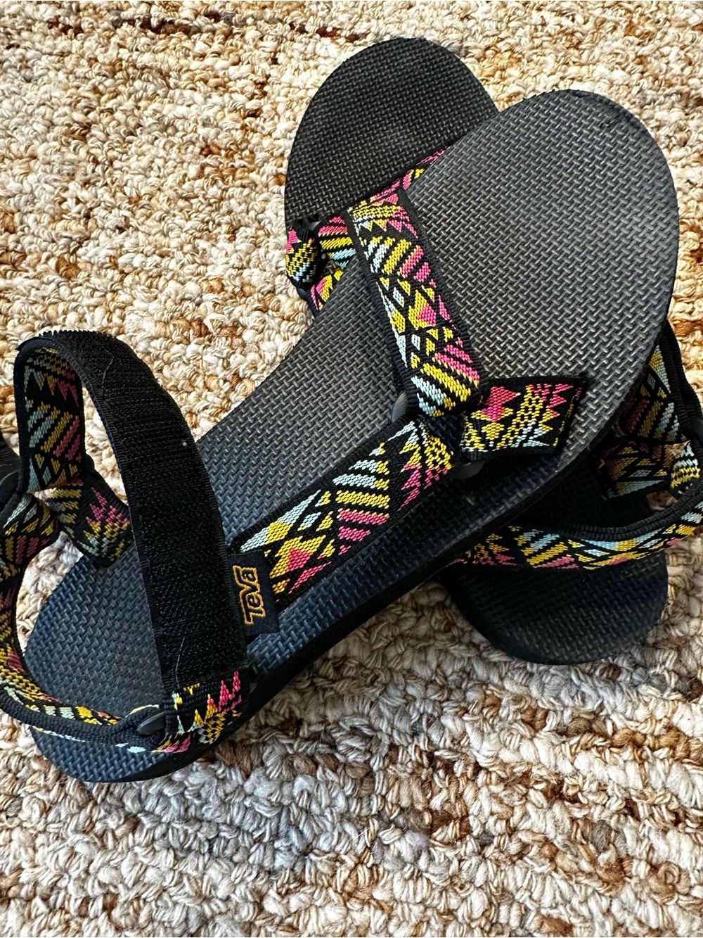 Teva Women’s Black Sandals with Yellow, Pink & Blue Aztec Straps